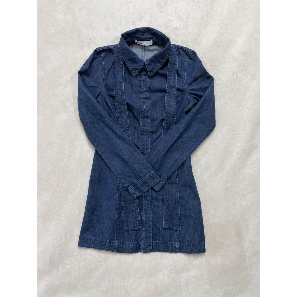 Zara Womens Blue Denim Mini Dress Long Sleeve Button Front Cotton Size S